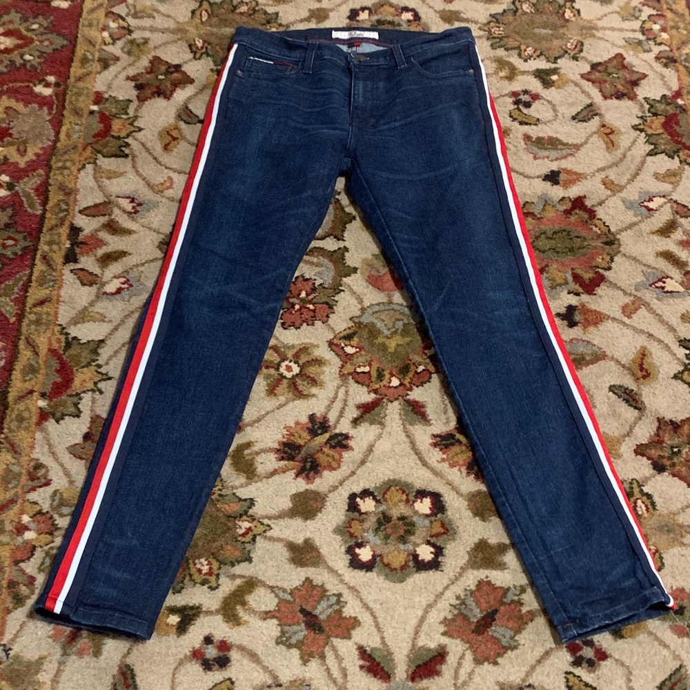 Tommy Hilfiger Denim Men's Blue Jeans with Red and White Stripes, Size 30/32